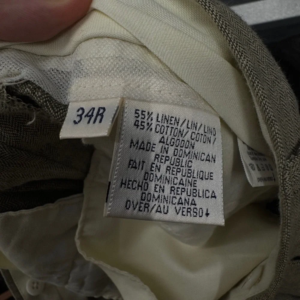 Vintage Claiborne Mens 34x30 Linen Cotton Herringbone Pleated Cuffed Pants Tan